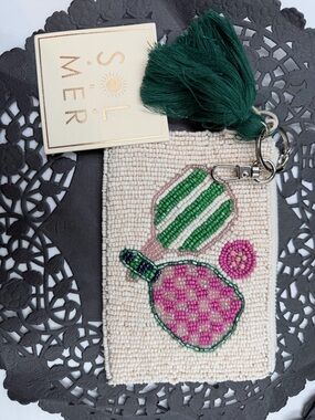 SOL & MER Beaded Pickleball Coin Pouch Preppy Pink Gingham Keychain Wallet
